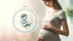 DALL·E 2024 05 26 15.56.16 A pregnant woman gently touching her belly smiling. The background shows a subtle timeline indicating the stages of pregnancy with a focus on the 22